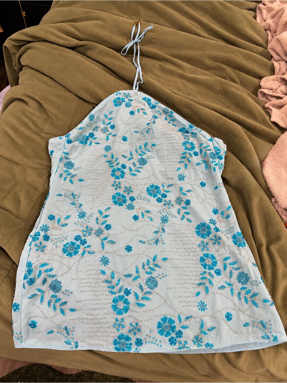 Baby blue Halter Dress with Blue Floral Embroidery
